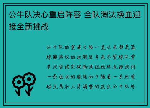 公牛队决心重启阵容 全队淘汰换血迎接全新挑战