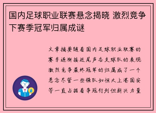 国内足球职业联赛悬念揭晓 激烈竞争下赛季冠军归属成谜