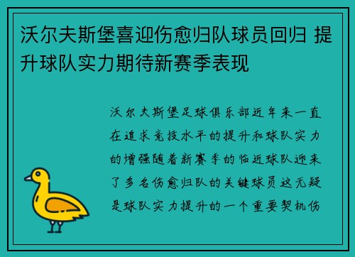 沃尔夫斯堡喜迎伤愈归队球员回归 提升球队实力期待新赛季表现